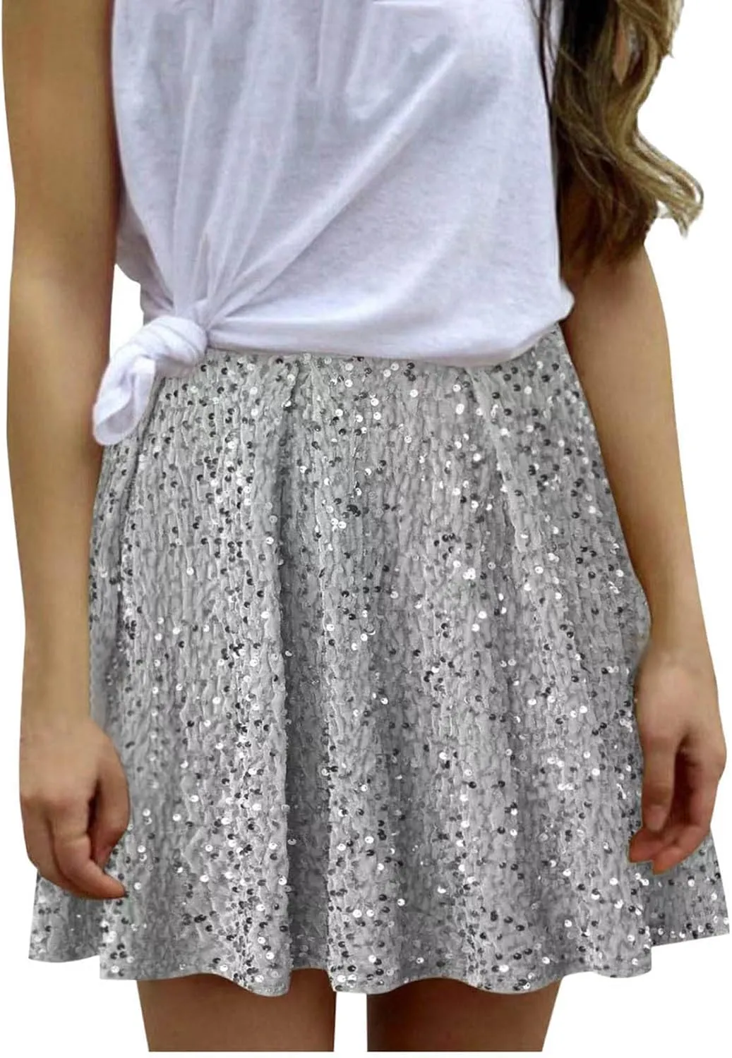Women Sequin Skirt 2025 Fashion Solid High Waist Sparkle Pleated Skirt Casual Flowy Shiny Glitter Mini Short Skirts