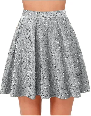 Women Sequin Skirt 2025 Fashion Solid High Waist Sparkle Pleated Skirt Casual Flowy Shiny Glitter Mini Short Skirts