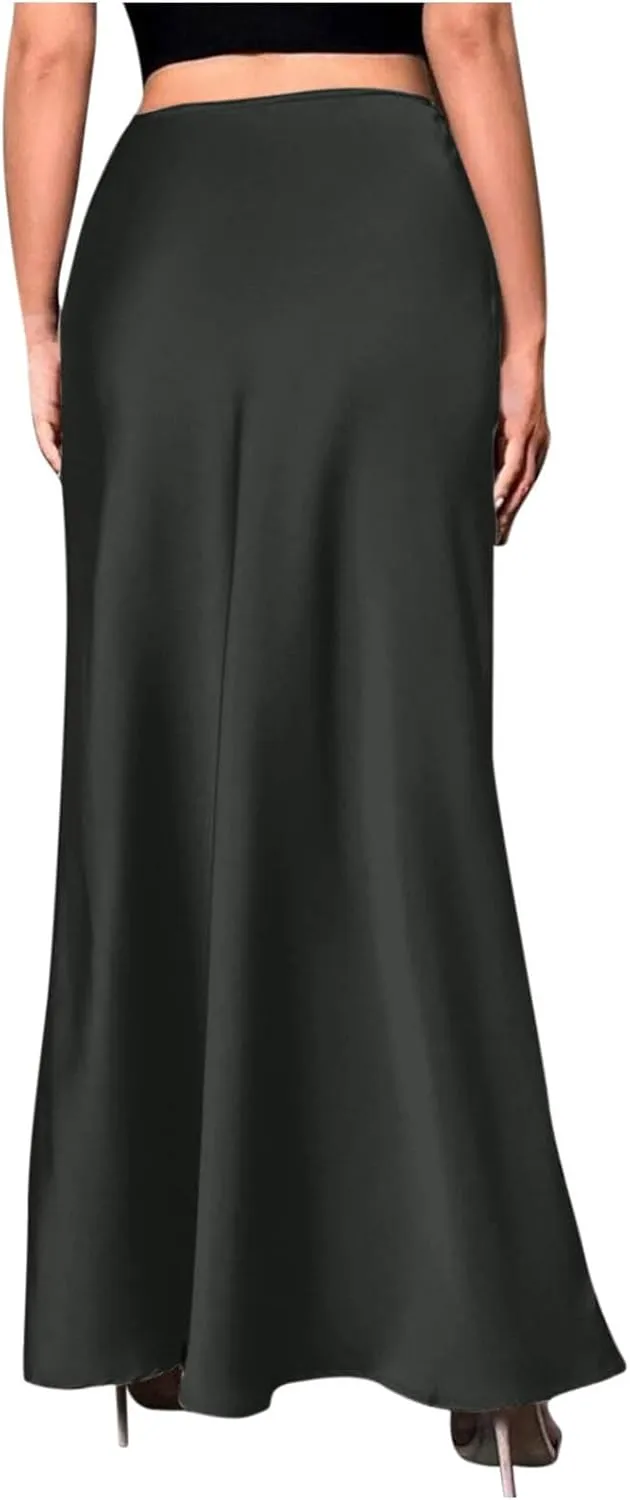 Women Silk Satin Skirt Summer Fashion Elegant High Waist Cocktail Party Skirts Casual Solid Sexy A Line Maxi Skirt