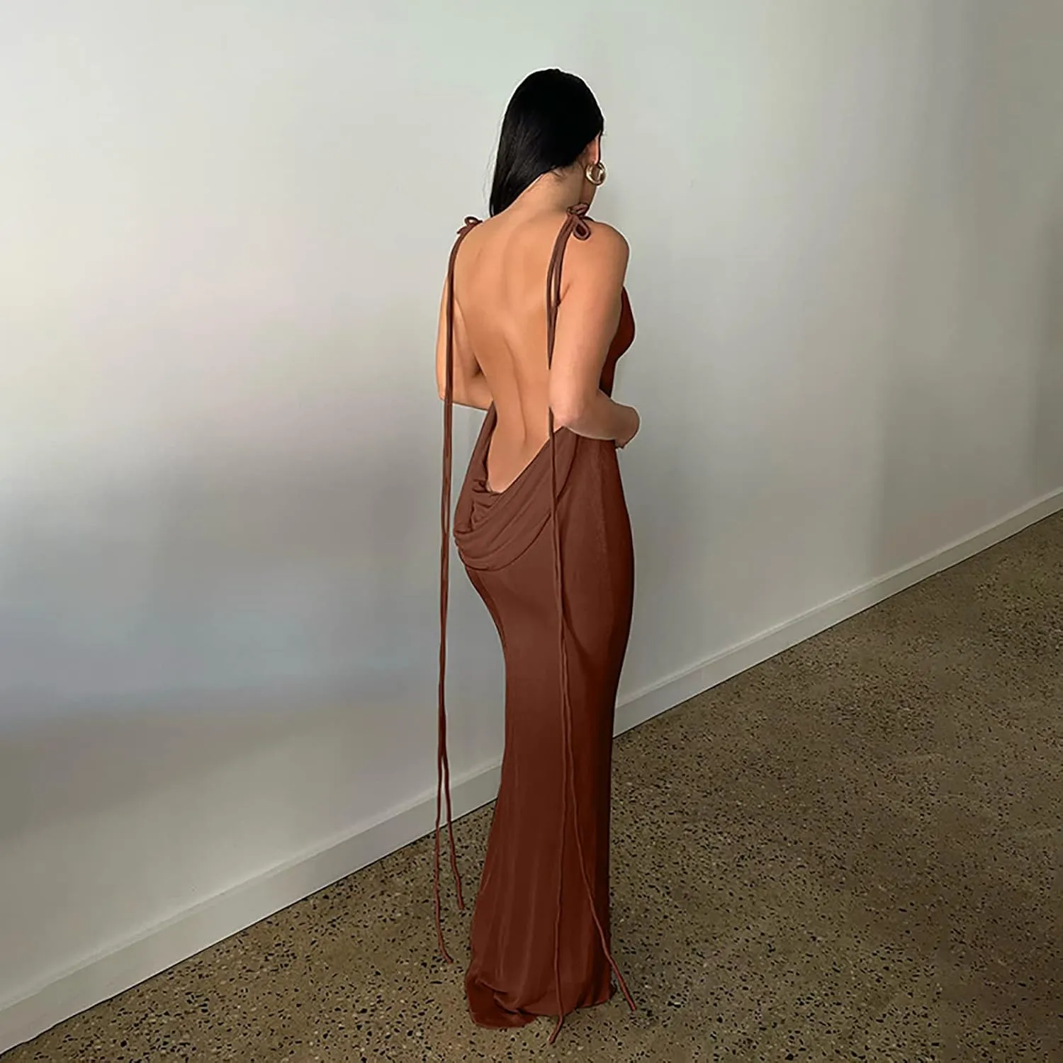 Women Slip Bodycon Dresses Spaghetti Strap Lace Up Backless Cowl Neck Maxi Mermaid Evening Cocktail Party Club Grown