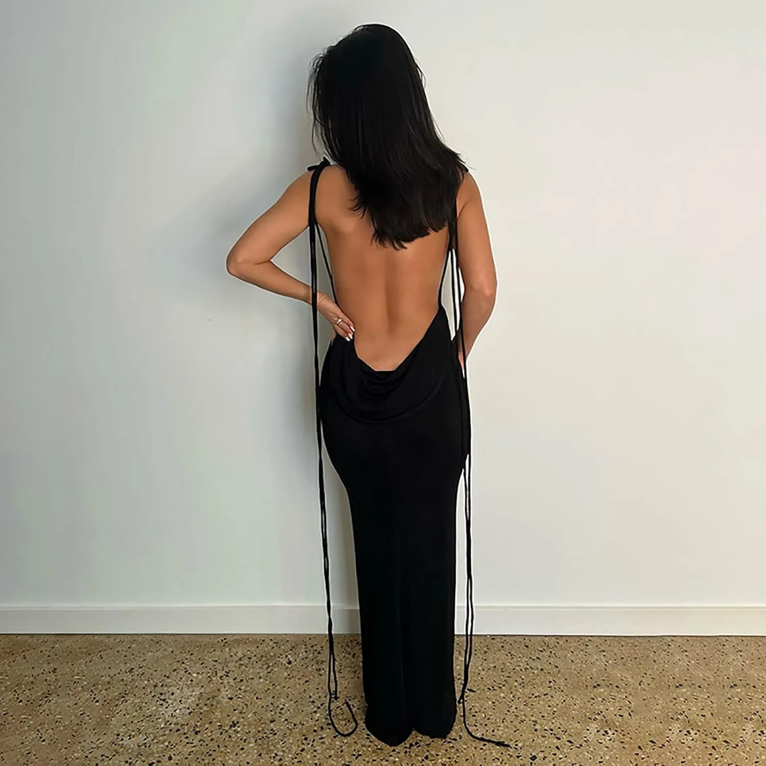 Women Slip Bodycon Dresses Spaghetti Strap Lace Up Backless Cowl Neck Maxi Mermaid Evening Cocktail Party Club Grown