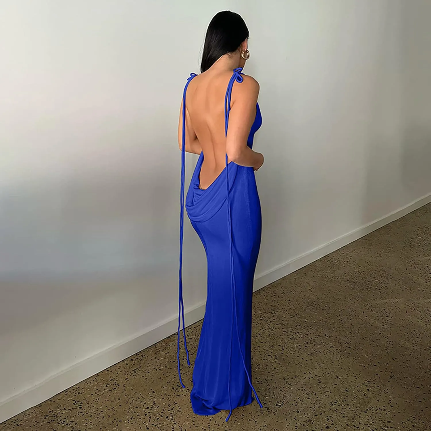 Women Slip Bodycon Dresses Spaghetti Strap Lace Up Backless Cowl Neck Maxi Mermaid Evening Cocktail Party Club Grown