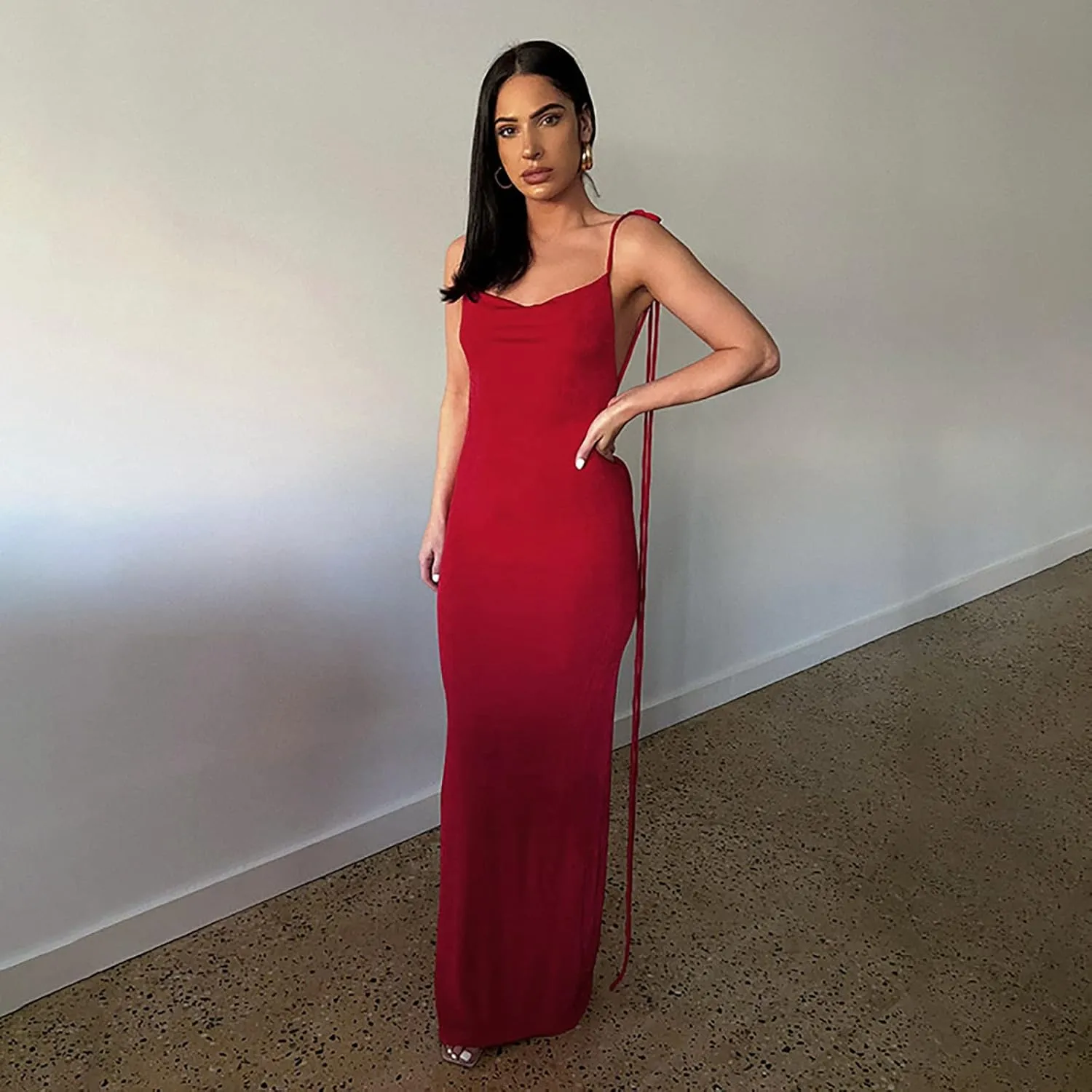 Women Slip Bodycon Dresses Spaghetti Strap Lace Up Backless Cowl Neck Maxi Mermaid Evening Cocktail Party Club Grown