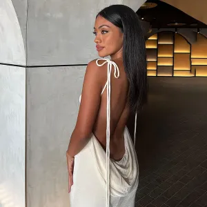 Women Slip Bodycon Dresses Spaghetti Strap Lace Up Backless Cowl Neck Maxi Mermaid Evening Cocktail Party Club Grown