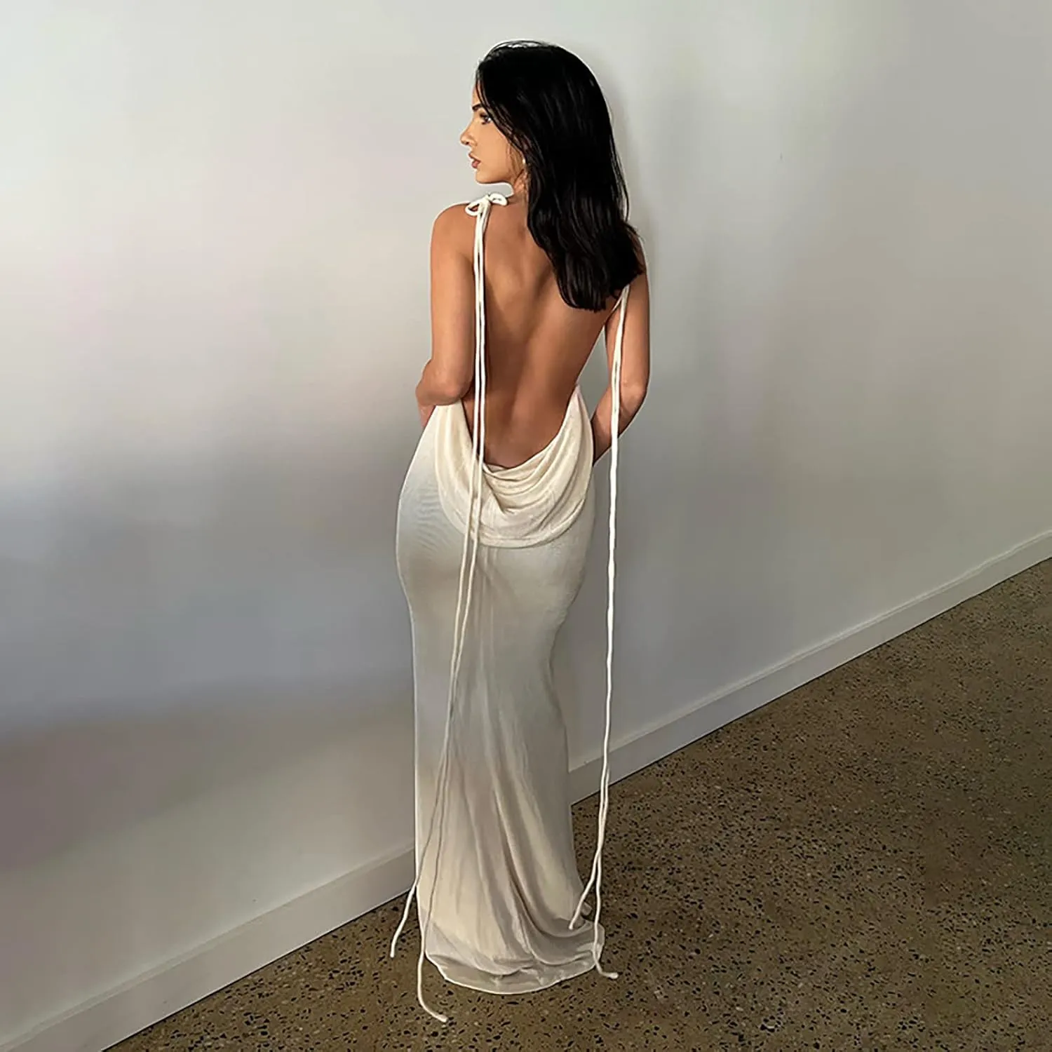 Women Slip Bodycon Dresses Spaghetti Strap Lace Up Backless Cowl Neck Maxi Mermaid Evening Cocktail Party Club Grown