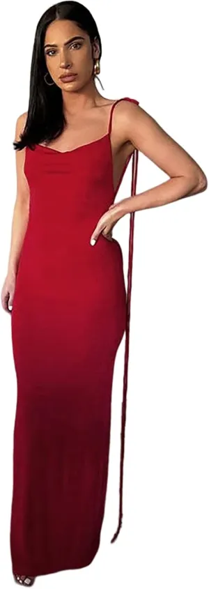 Women Slip Bodycon Dresses Spaghetti Strap Lace Up Backless Cowl Neck Maxi Mermaid Evening Cocktail Party Club Grown
