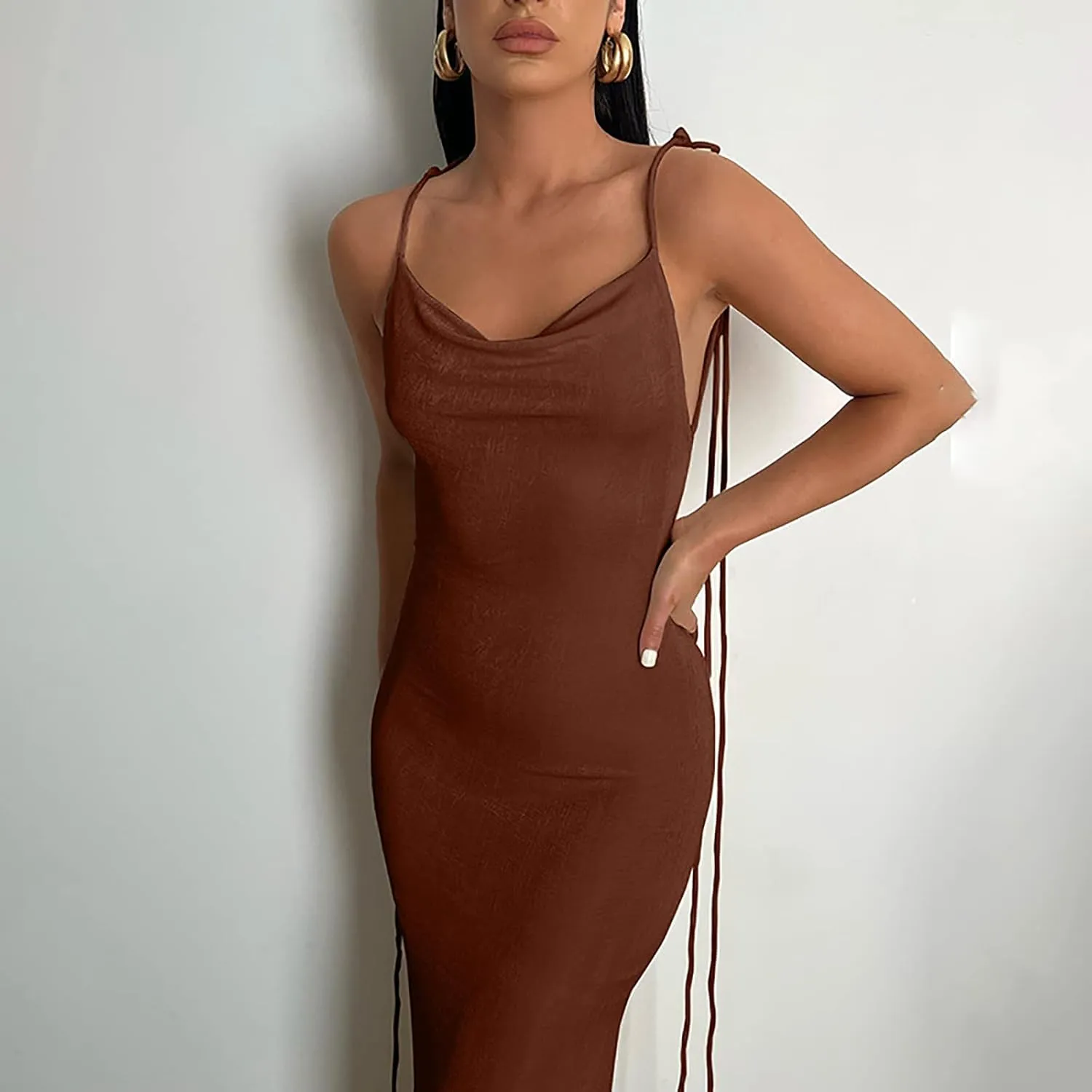 Women Slip Bodycon Dresses Spaghetti Strap Lace Up Backless Cowl Neck Maxi Mermaid Evening Cocktail Party Club Grown