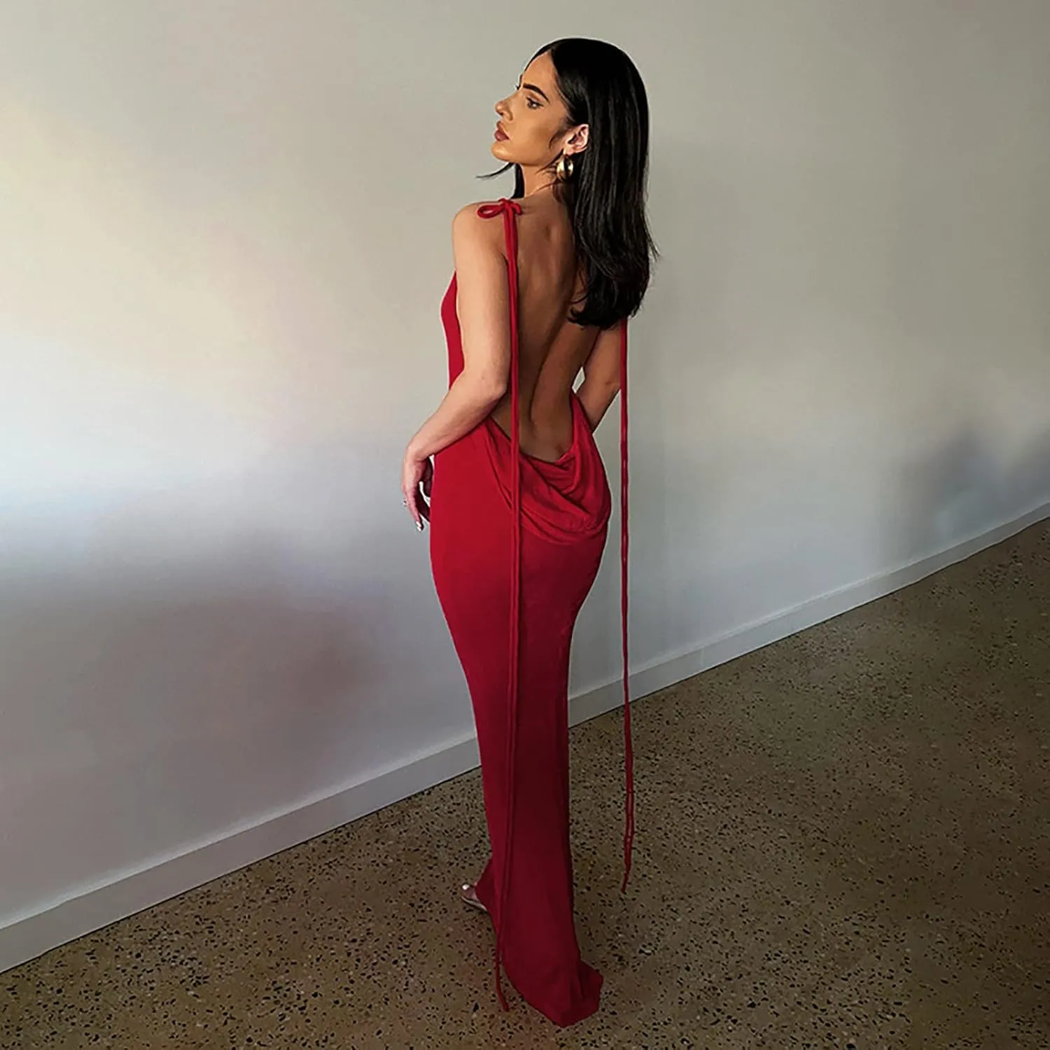 Women Slip Bodycon Dresses Spaghetti Strap Lace Up Backless Cowl Neck Maxi Mermaid Evening Cocktail Party Club Grown