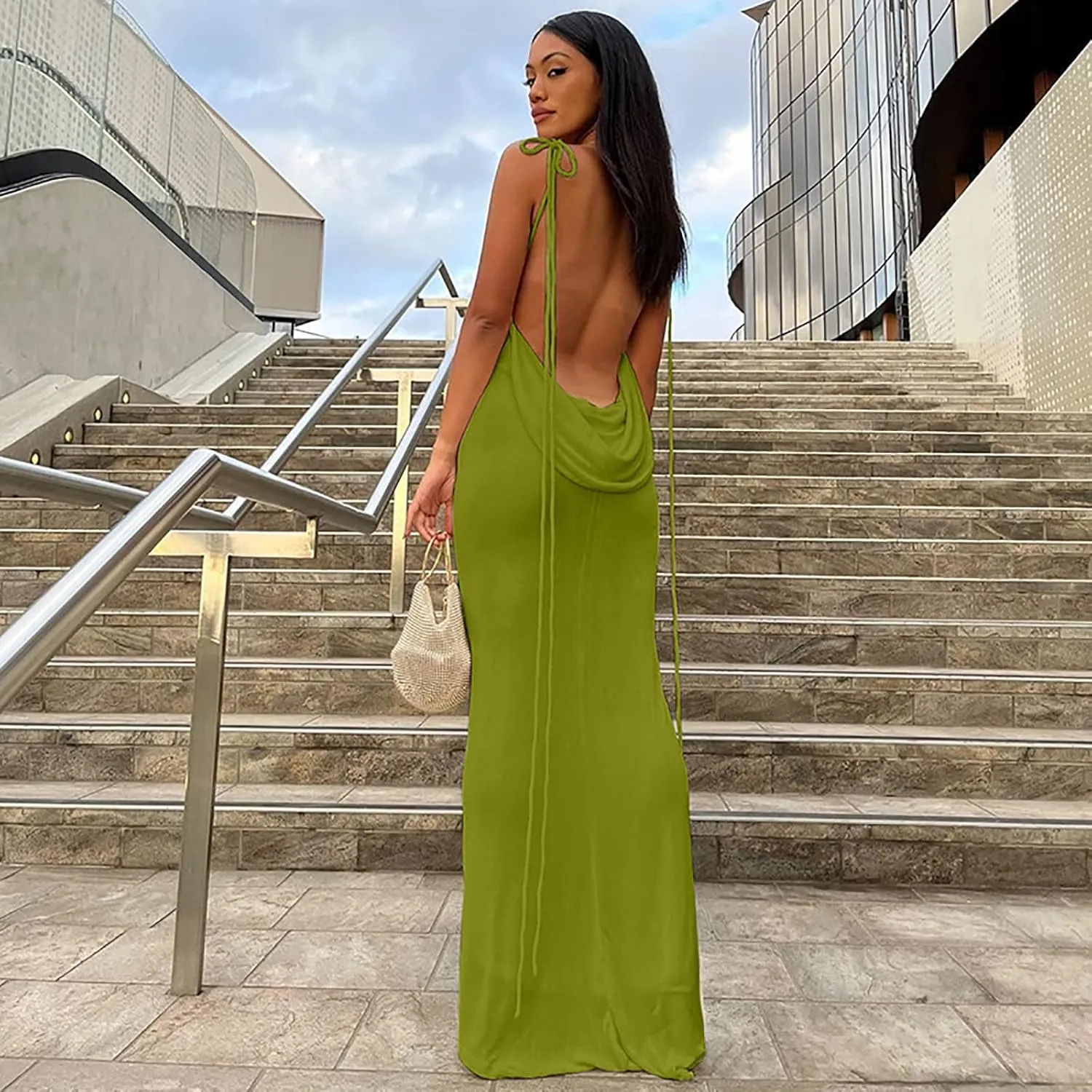 Women Slip Bodycon Dresses Spaghetti Strap Lace Up Backless Cowl Neck Maxi Mermaid Evening Cocktail Party Club Grown