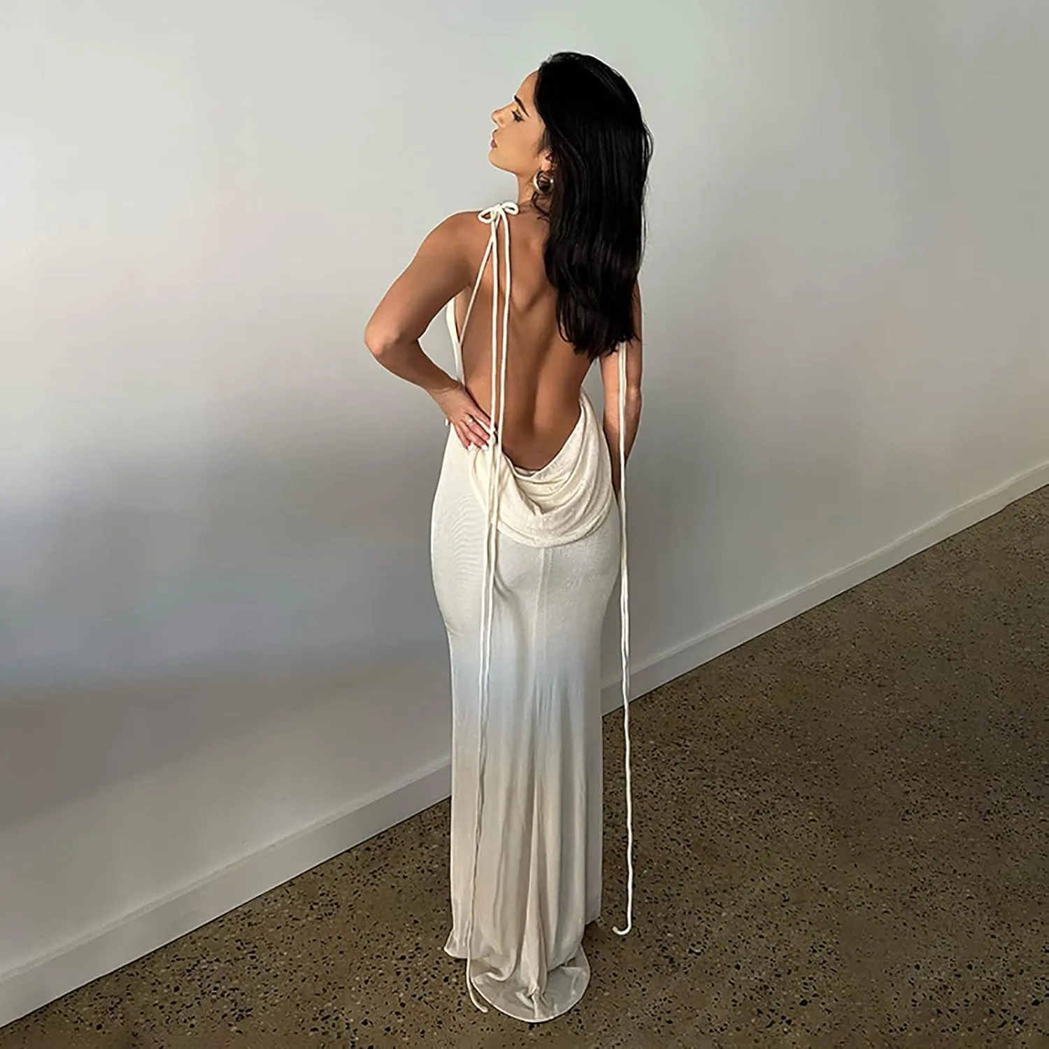 Women Slip Bodycon Dresses Spaghetti Strap Lace Up Backless Cowl Neck Maxi Mermaid Evening Cocktail Party Club Grown