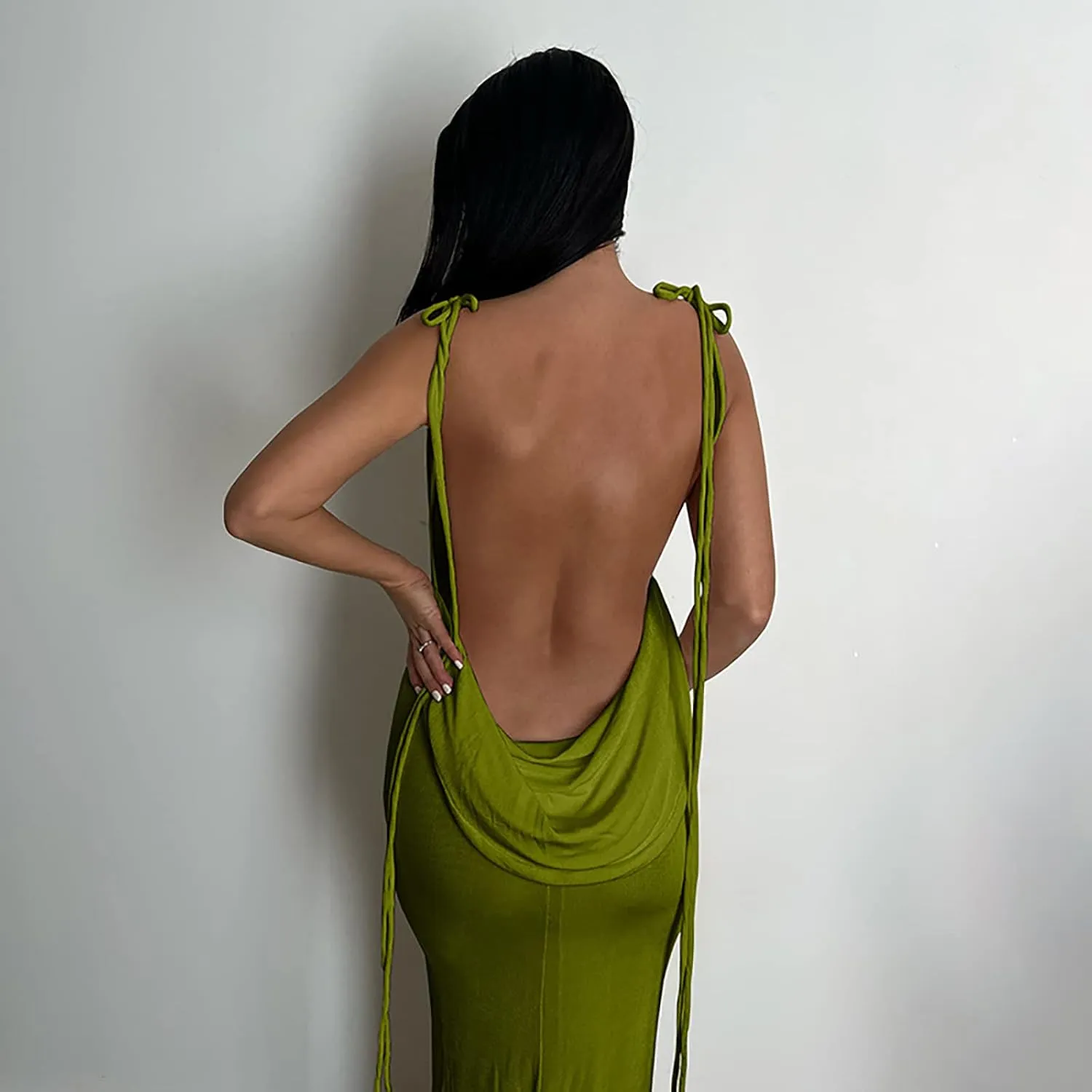 Women Slip Bodycon Dresses Spaghetti Strap Lace Up Backless Cowl Neck Maxi Mermaid Evening Cocktail Party Club Grown