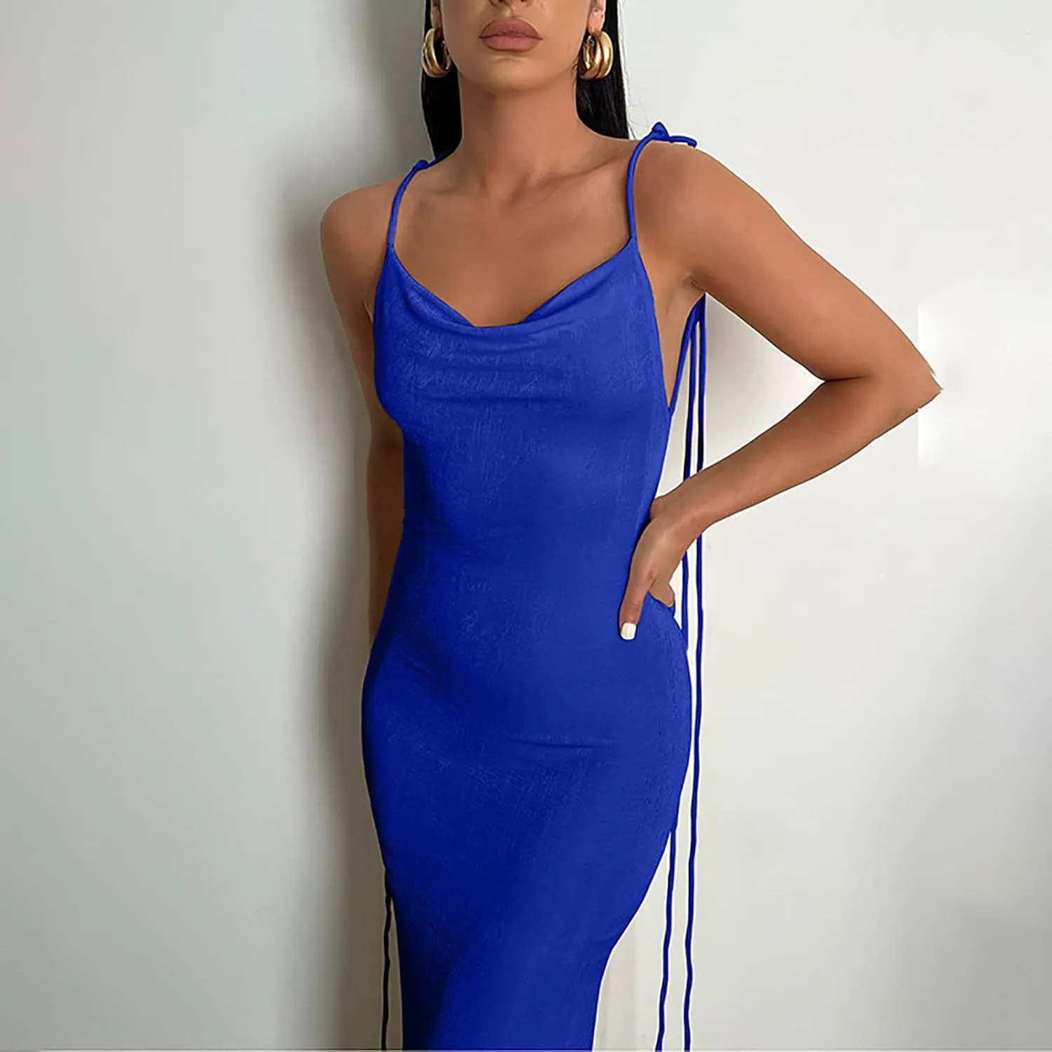 Women Slip Bodycon Dresses Spaghetti Strap Lace Up Backless Cowl Neck Maxi Mermaid Evening Cocktail Party Club Grown