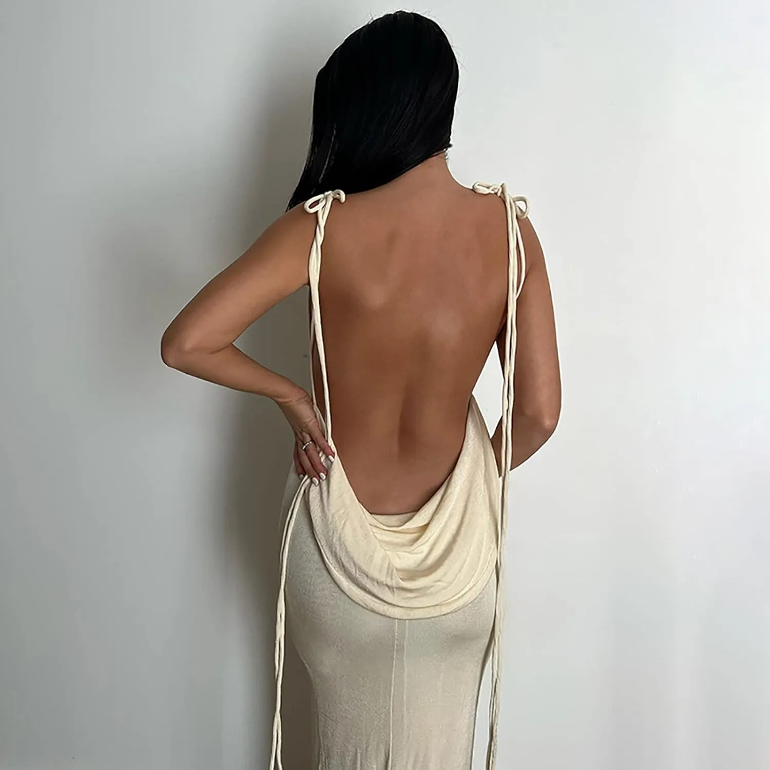 Women Slip Bodycon Dresses Spaghetti Strap Lace Up Backless Cowl Neck Maxi Mermaid Evening Cocktail Party Club Grown
