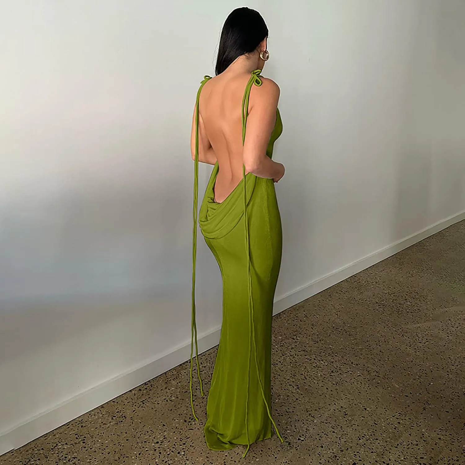 Women Slip Bodycon Dresses Spaghetti Strap Lace Up Backless Cowl Neck Maxi Mermaid Evening Cocktail Party Club Grown