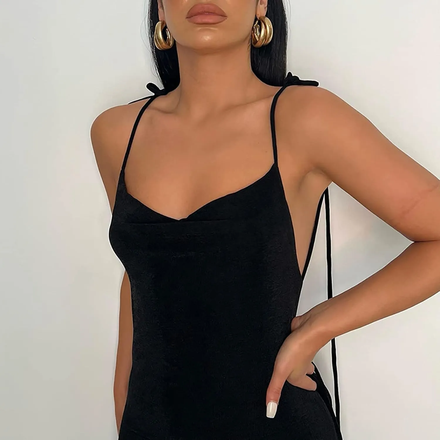 Women Slip Bodycon Dresses Spaghetti Strap Lace Up Backless Cowl Neck Maxi Mermaid Evening Cocktail Party Club Grown