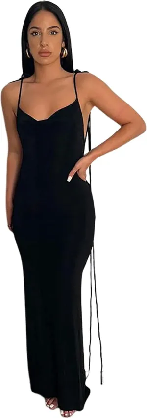 Women Slip Bodycon Dresses Spaghetti Strap Lace Up Backless Cowl Neck Maxi Mermaid Evening Cocktail Party Club Grown