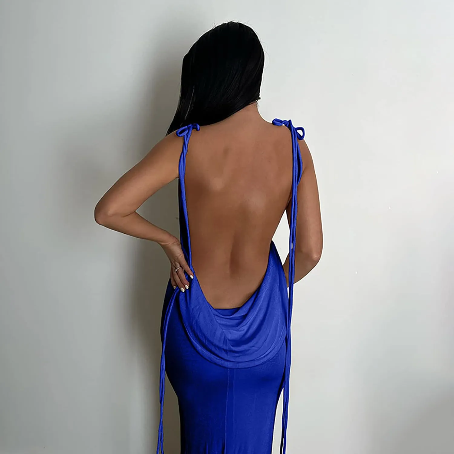 Women Slip Bodycon Dresses Spaghetti Strap Lace Up Backless Cowl Neck Maxi Mermaid Evening Cocktail Party Club Grown