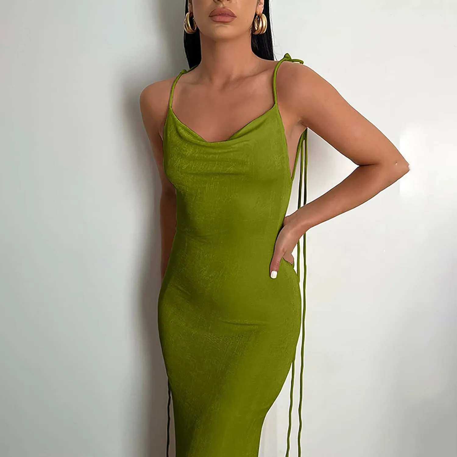 Women Slip Bodycon Dresses Spaghetti Strap Lace Up Backless Cowl Neck Maxi Mermaid Evening Cocktail Party Club Grown