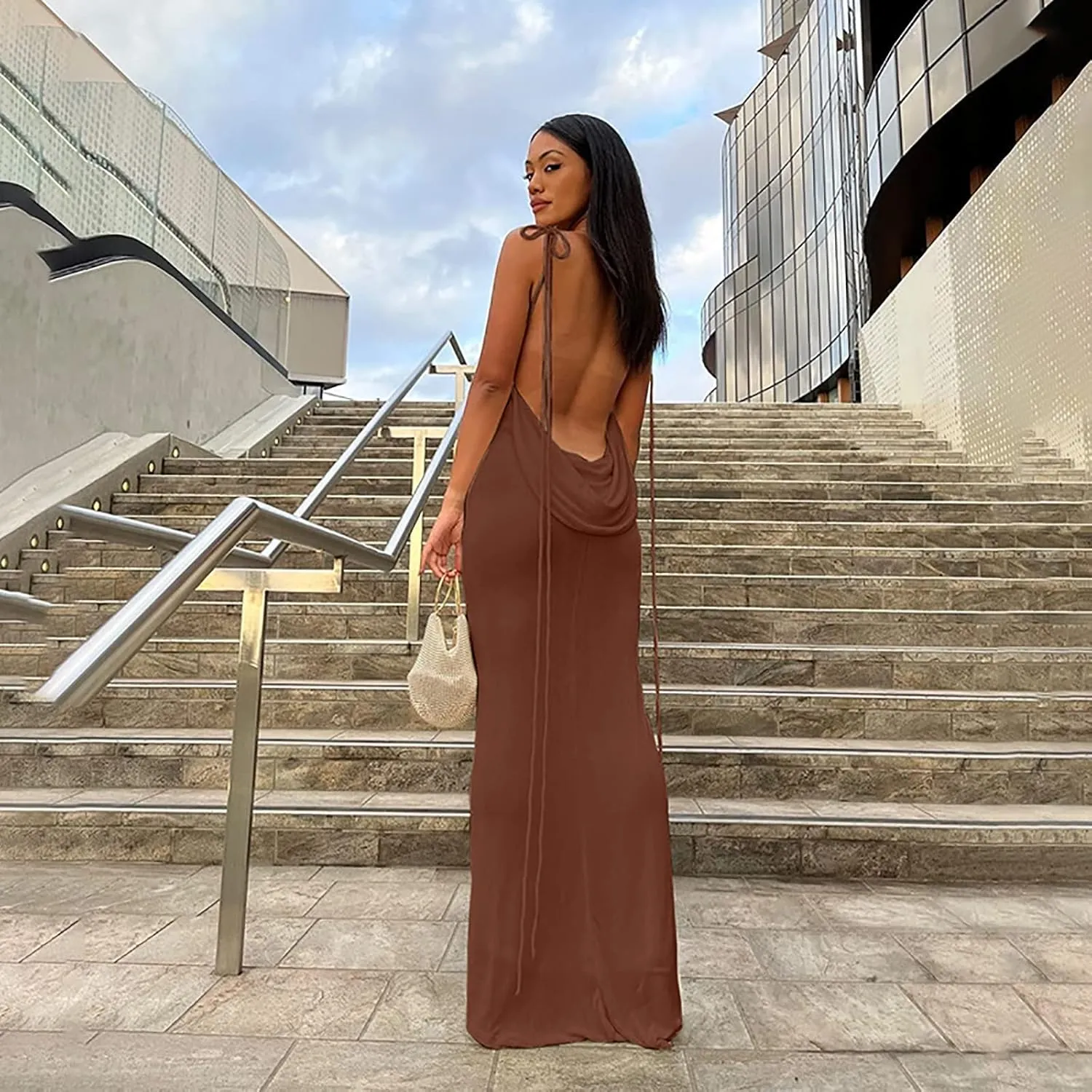 Women Slip Bodycon Dresses Spaghetti Strap Lace Up Backless Cowl Neck Maxi Mermaid Evening Cocktail Party Club Grown