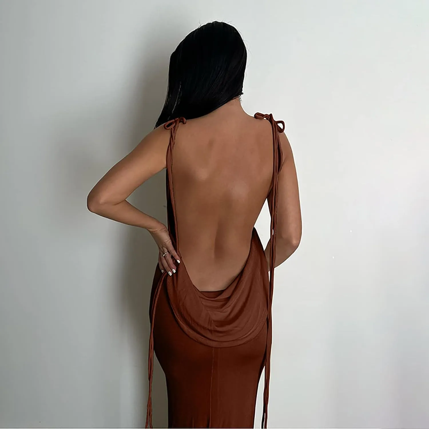 Women Slip Bodycon Dresses Spaghetti Strap Lace Up Backless Cowl Neck Maxi Mermaid Evening Cocktail Party Club Grown