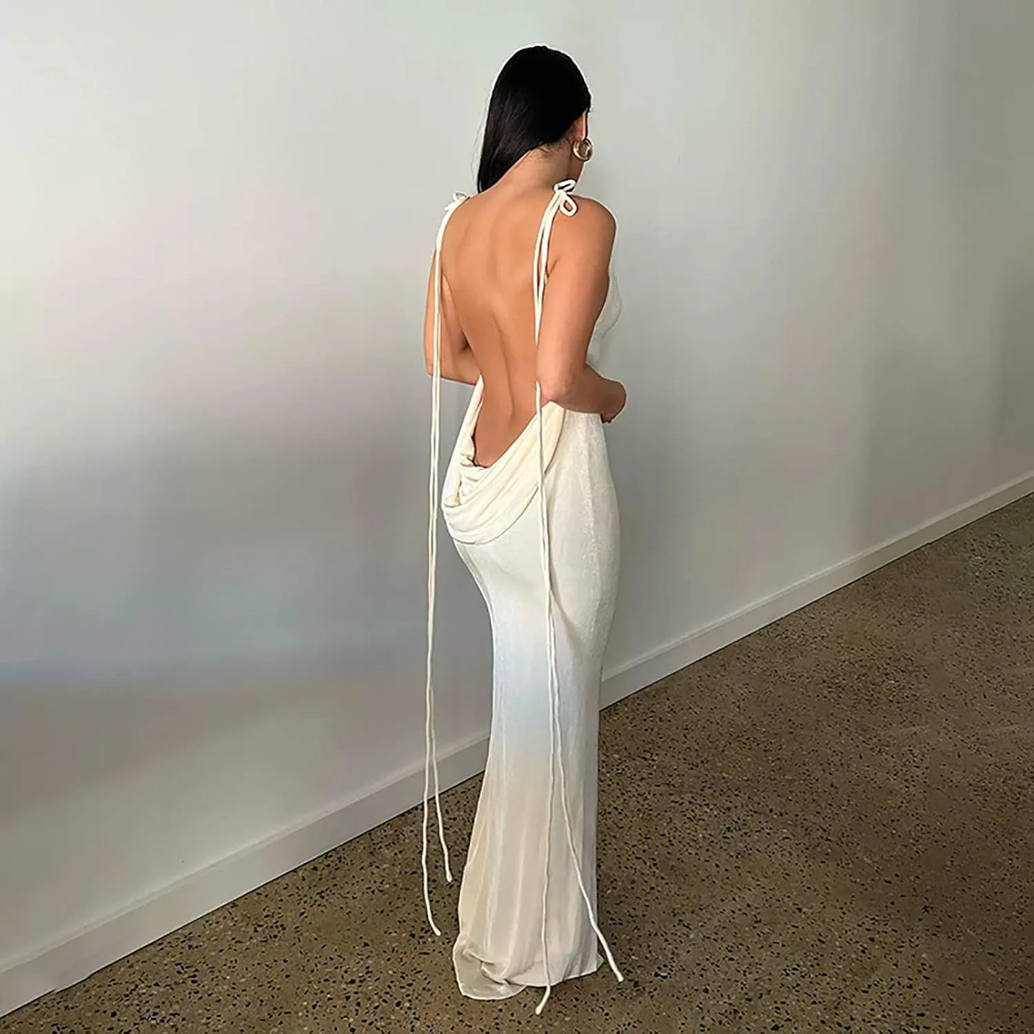 Women Slip Bodycon Dresses Spaghetti Strap Lace Up Backless Cowl Neck Maxi Mermaid Evening Cocktail Party Club Grown