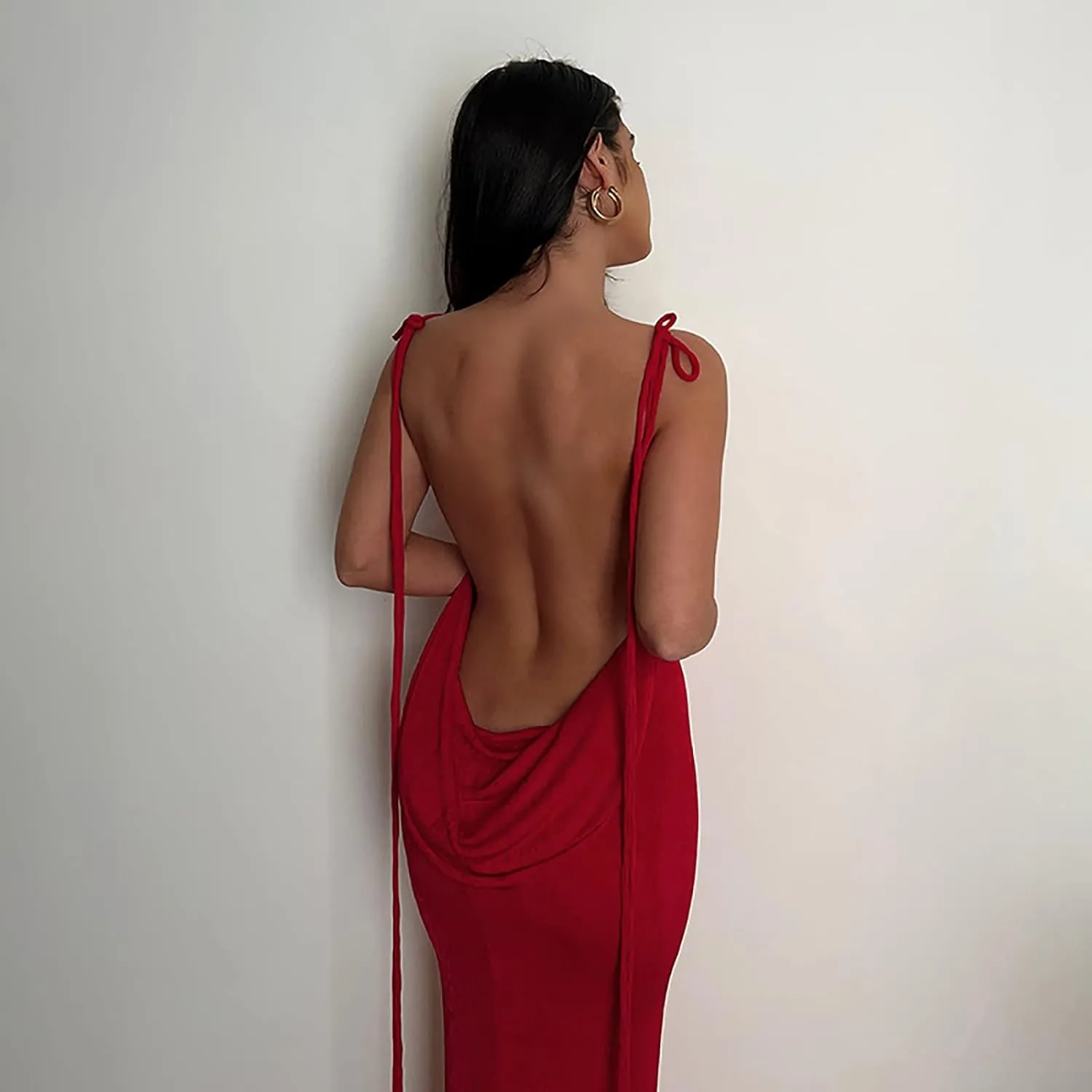 Women Slip Bodycon Dresses Spaghetti Strap Lace Up Backless Cowl Neck Maxi Mermaid Evening Cocktail Party Club Grown