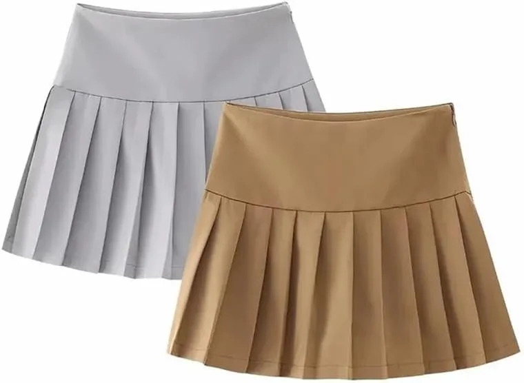 Women Solid Pleated Mini Skirts Low Waist A-Line Shorts Skirts