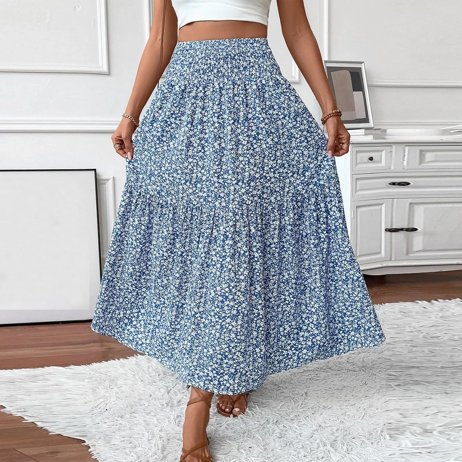 Women Summer Boho Skirt Floral Smocked Elastic Waist Flowy Swing Pleated Skirts Vacation Print A-Line Long Skirts