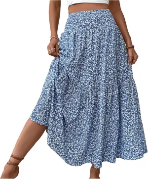 Women Summer Boho Skirt Floral Smocked Elastic Waist Flowy Swing Pleated Skirts Vacation Print A-Line Long Skirts
