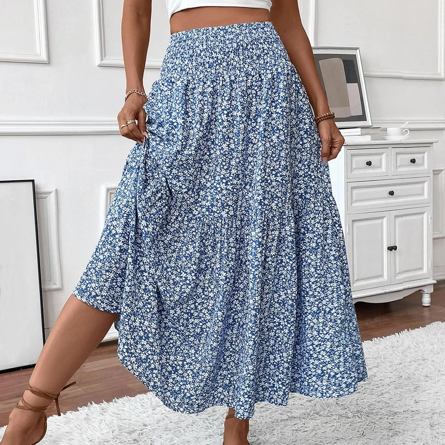 Women Summer Boho Skirt Floral Smocked Elastic Waist Flowy Swing Pleated Skirts Vacation Print A-Line Long Skirts