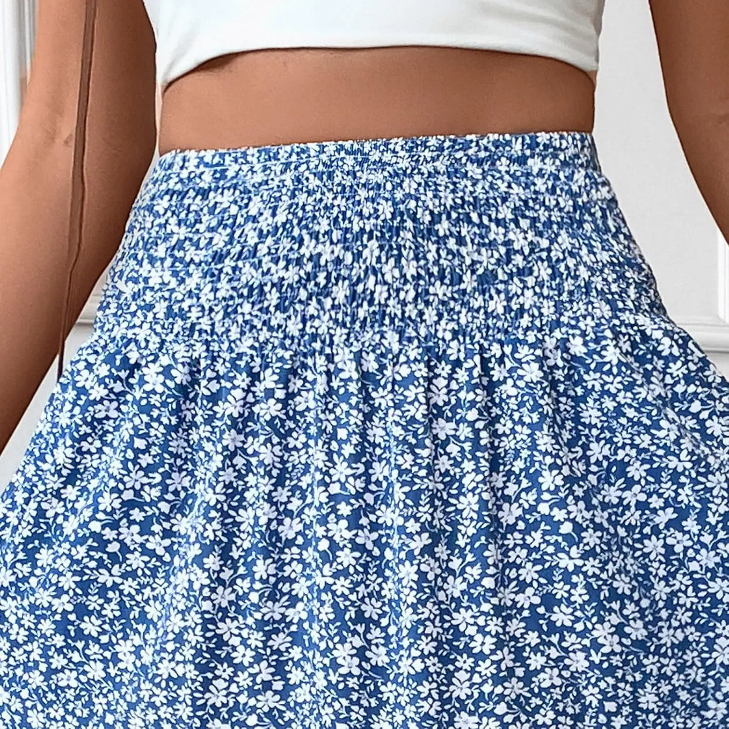 Women Summer Boho Skirt Floral Smocked Elastic Waist Flowy Swing Pleated Skirts Vacation Print A-Line Long Skirts