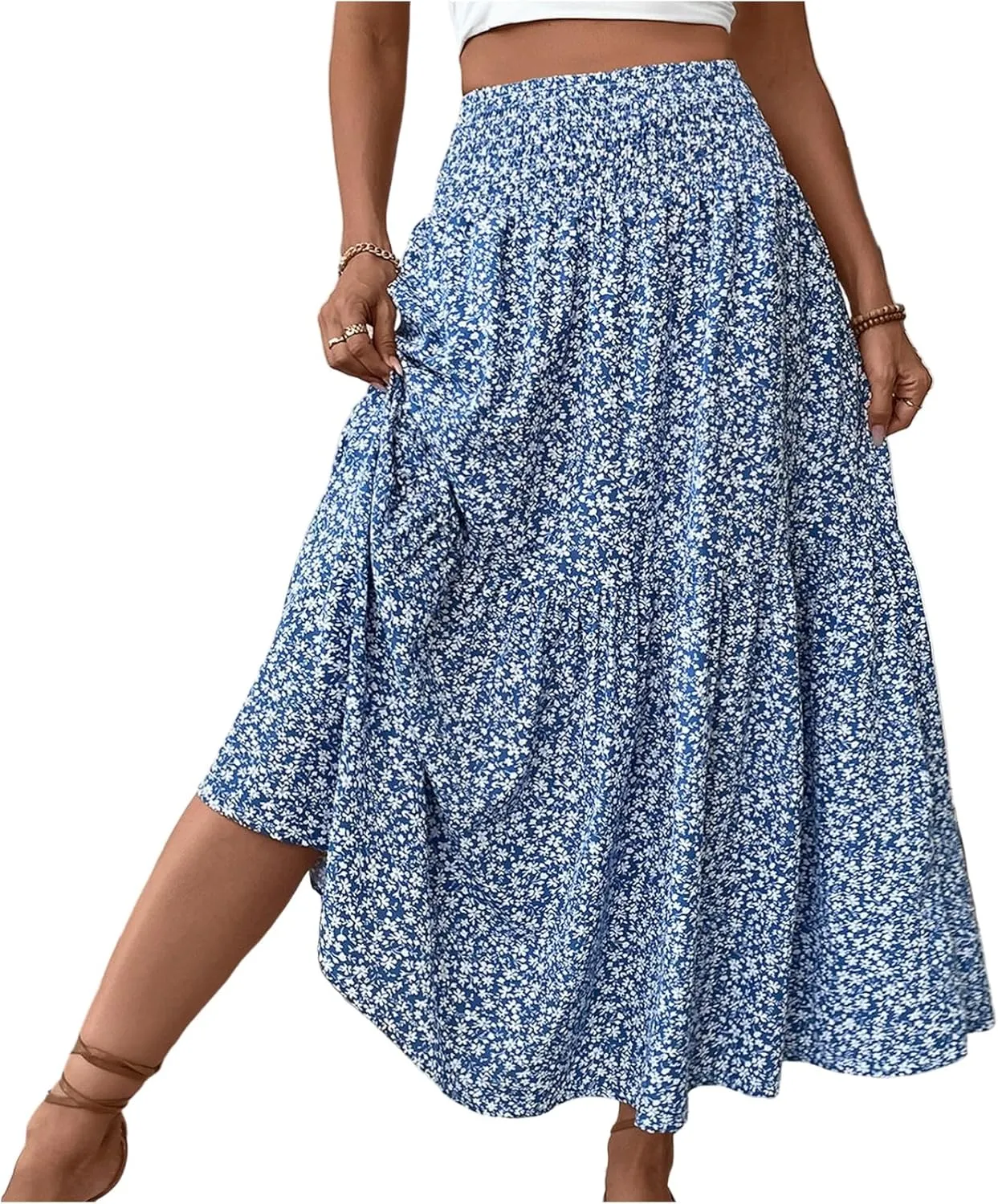 Women Summer Boho Skirt Floral Smocked Elastic Waist Flowy Swing Pleated Skirts Vacation Print A-Line Long Skirts