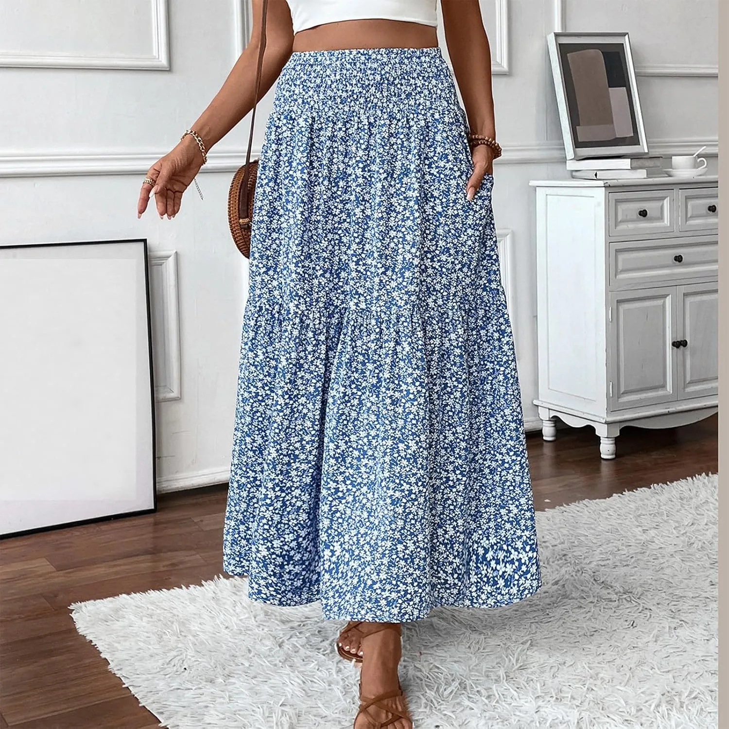 Women Summer Boho Skirt Floral Smocked Elastic Waist Flowy Swing Pleated Skirts Vacation Print A-Line Long Skirts