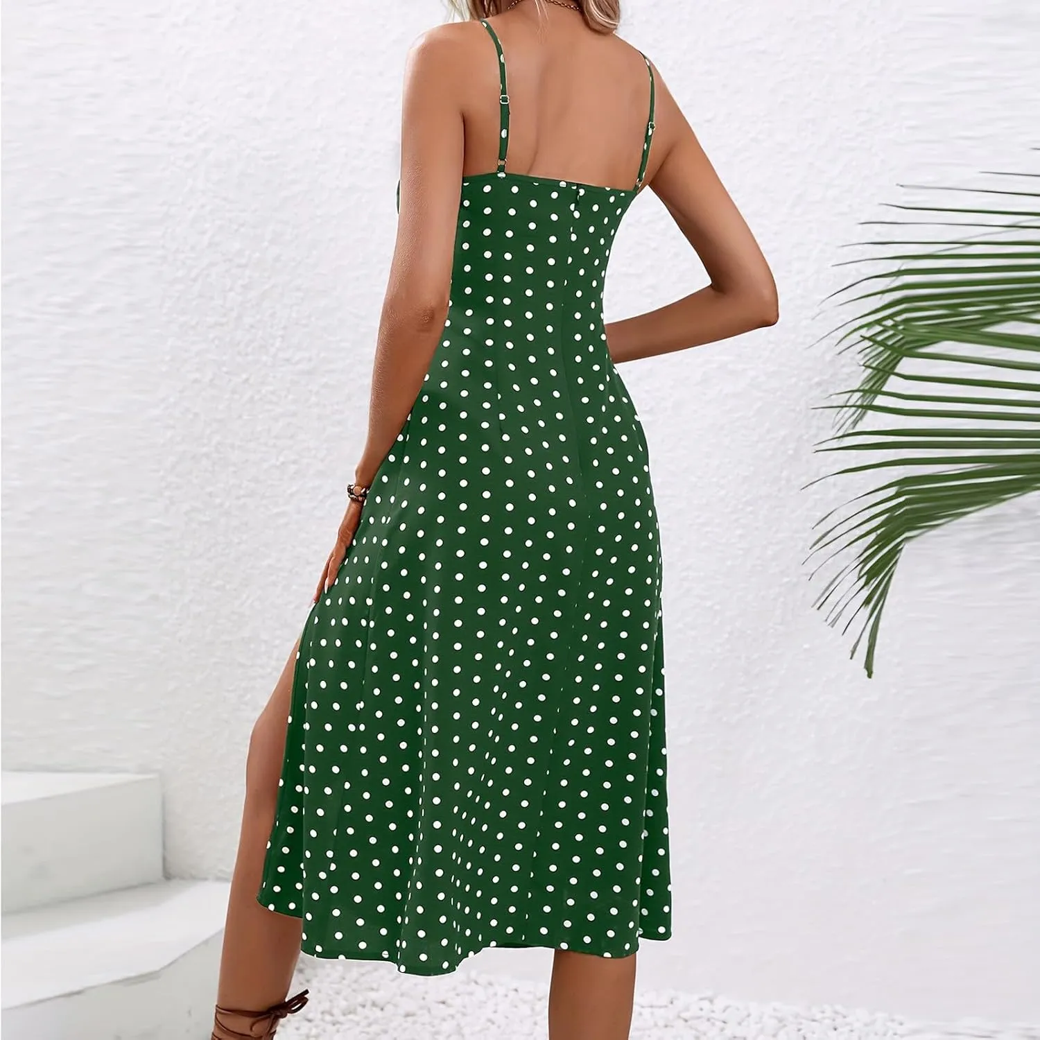 Women Summer Ditsy Floral Print Sexy Sundresses Spaghetti Strap Polka Dot Boho Dress Flowy Side Split Midi Dresses