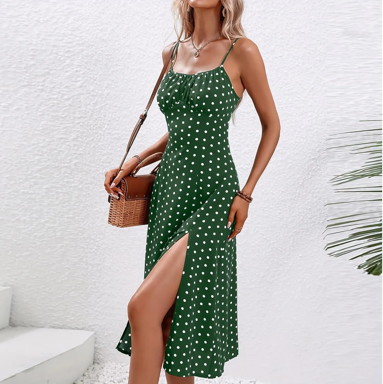 Women Summer Ditsy Floral Print Sexy Sundresses Spaghetti Strap Polka Dot Boho Dress Flowy Side Split Midi Dresses