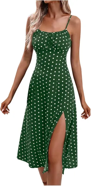 Women Summer Ditsy Floral Print Sexy Sundresses Spaghetti Strap Polka Dot Boho Dress Flowy Side Split Midi Dresses