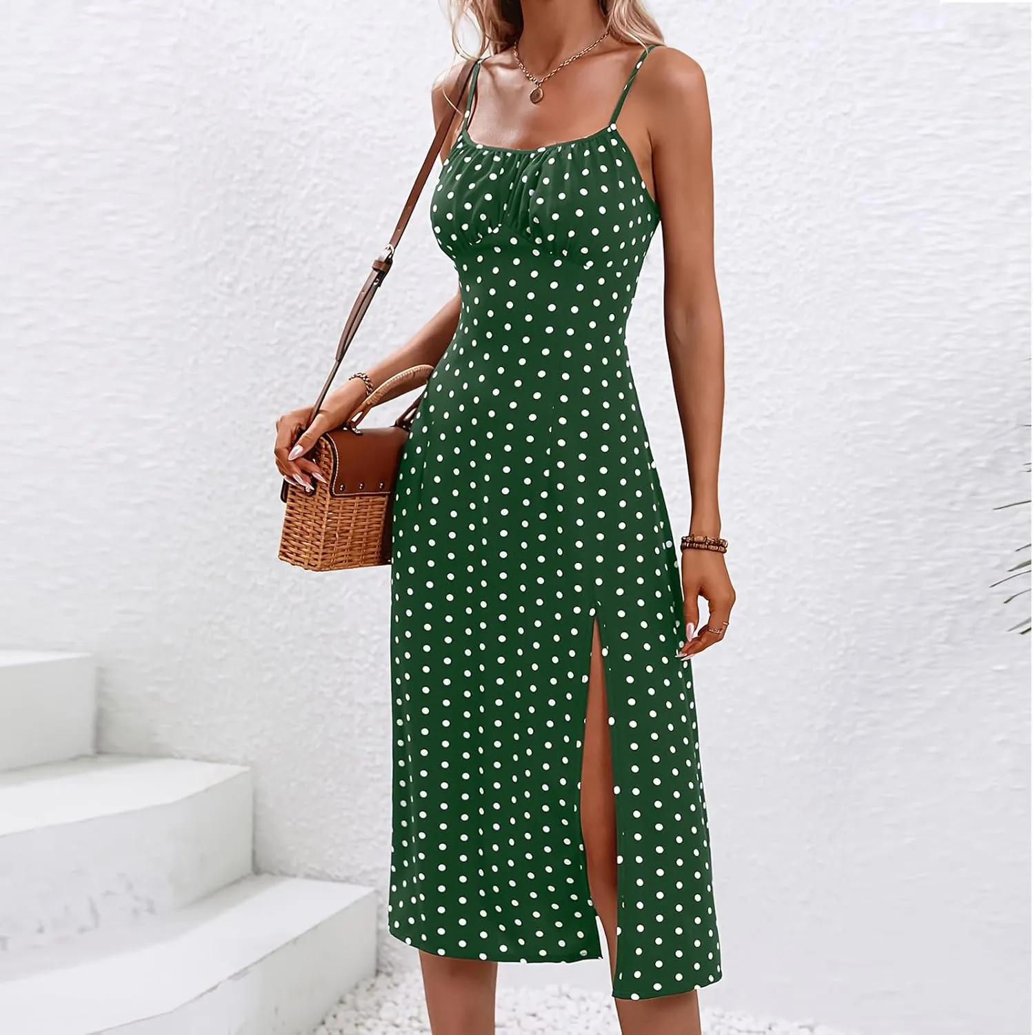 Women Summer Ditsy Floral Print Sexy Sundresses Spaghetti Strap Polka Dot Boho Dress Flowy Side Split Midi Dresses