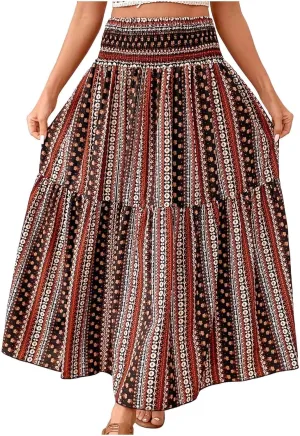 Women Summer Floral Maxi Skirt Boho Flowy Elastic High Waist Long Skirt Comfy Vacation Beach Color Block A-Line Skirts