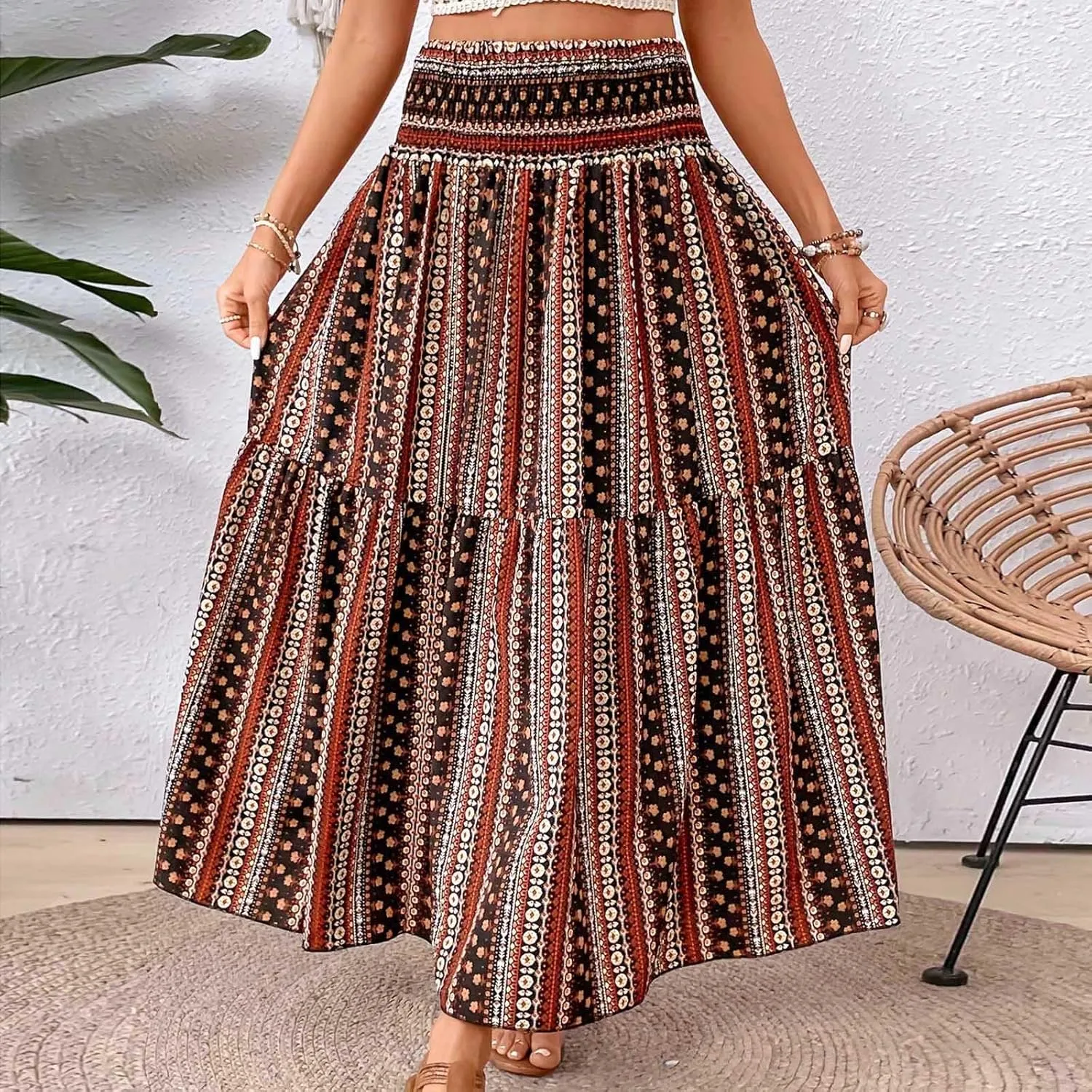 Women Summer Floral Maxi Skirt Boho Flowy Elastic High Waist Long Skirt Comfy Vacation Beach Color Block A-Line Skirts