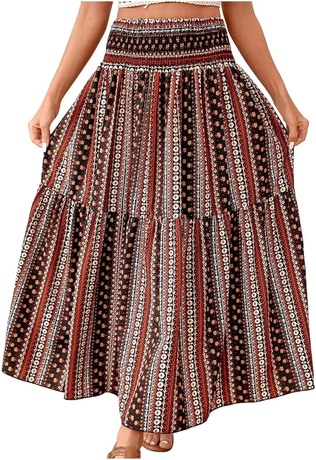 Women Summer Floral Maxi Skirt Boho Flowy Elastic High Waist Long Skirt Comfy Vacation Beach Color Block A-Line Skirts