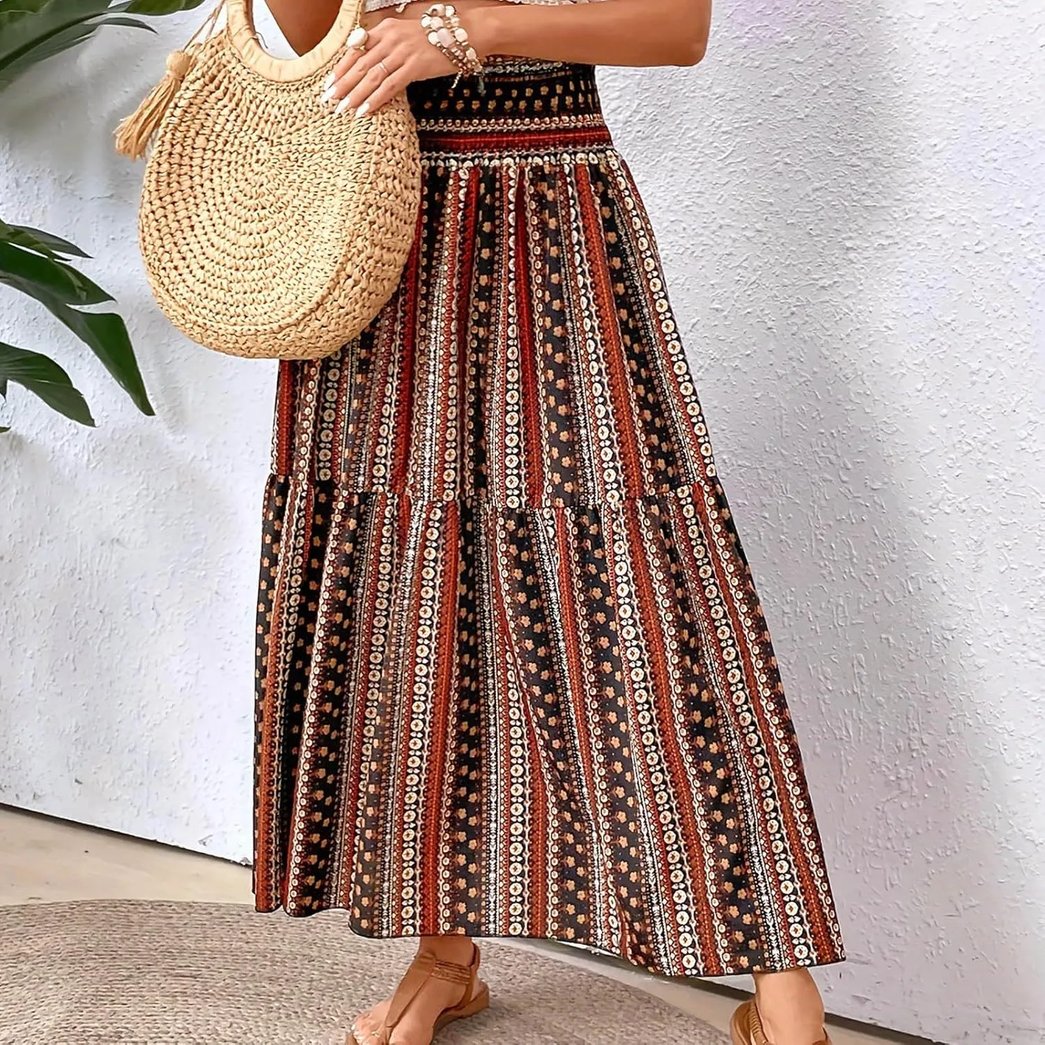 Women Summer Floral Maxi Skirt Boho Flowy Elastic High Waist Long Skirt Comfy Vacation Beach Color Block A-Line Skirts