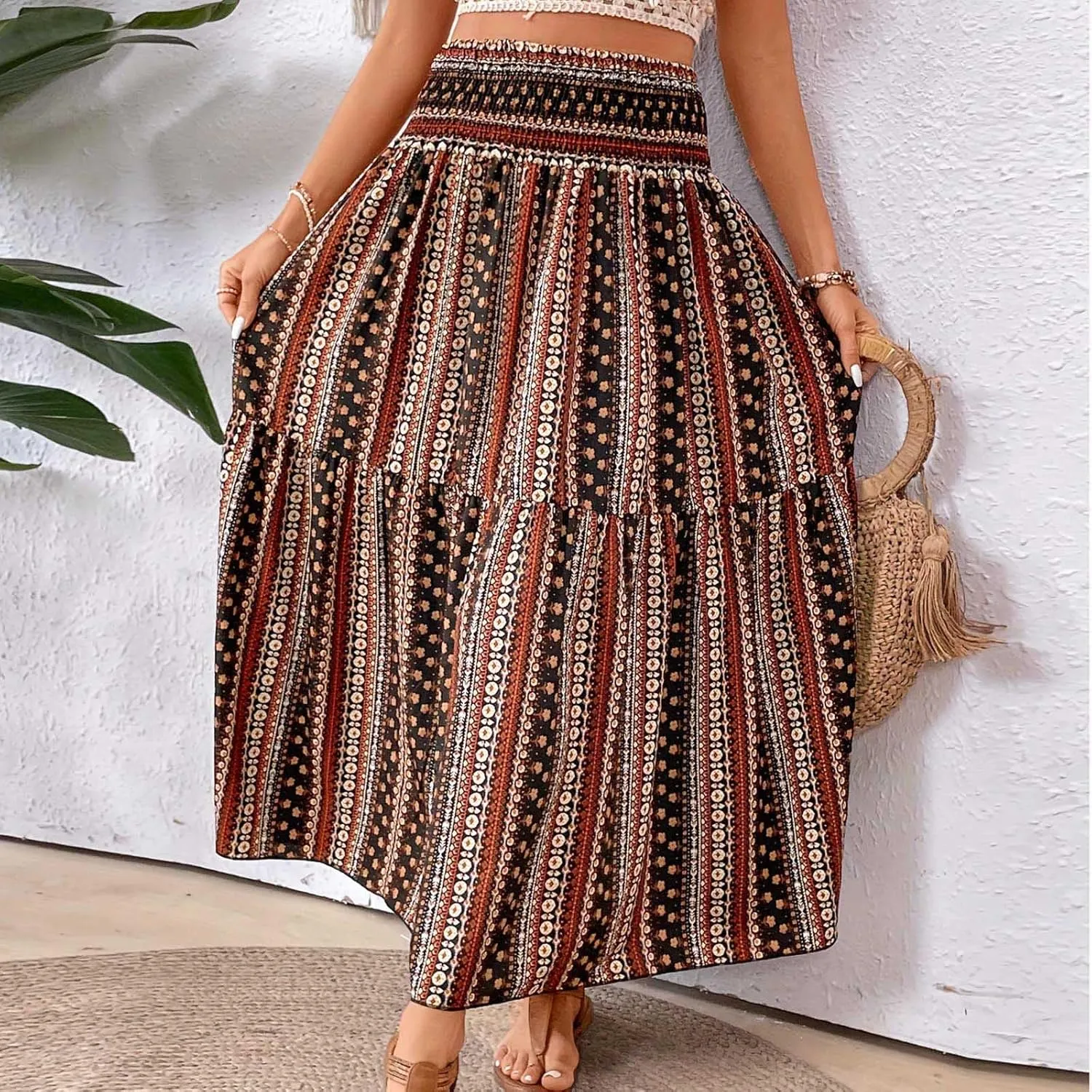 Women Summer Floral Maxi Skirt Boho Flowy Elastic High Waist Long Skirt Comfy Vacation Beach Color Block A-Line Skirts