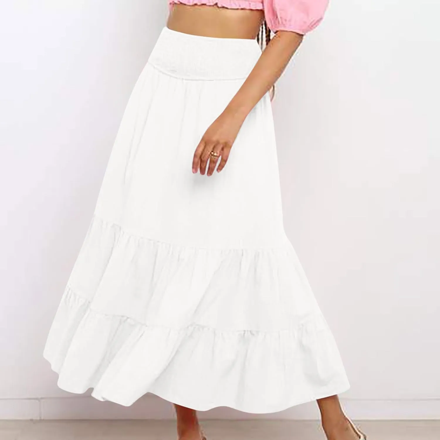Women Summer Maxi Skirt Elastic High Waist Pleated Boho Ruffle Tiered Skirts 2025 Trendy Casual Flowy A-Line Skirt