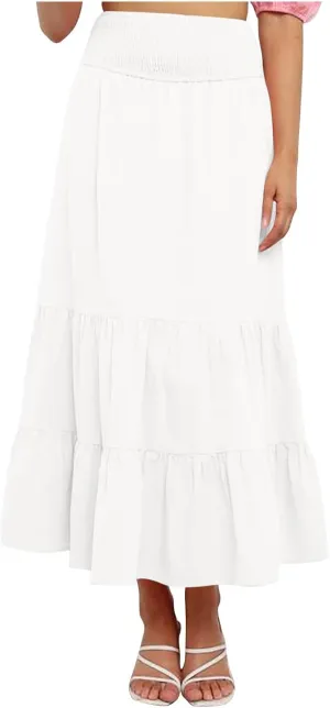 Women Summer Maxi Skirt Elastic High Waist Pleated Boho Ruffle Tiered Skirts 2025 Trendy Casual Flowy A-Line Skirt