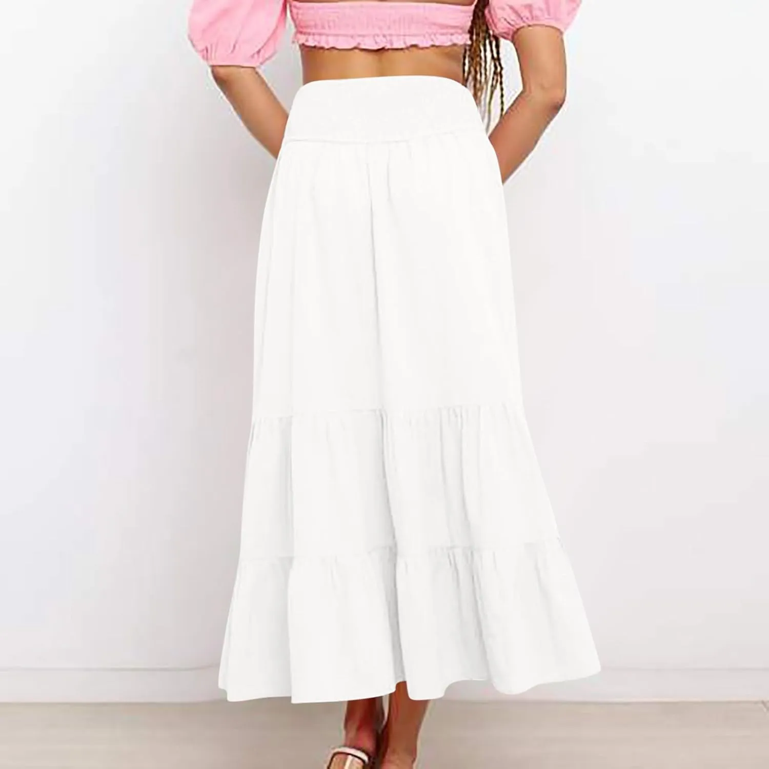 Women Summer Maxi Skirt Elastic High Waist Pleated Boho Ruffle Tiered Skirts 2025 Trendy Casual Flowy A-Line Skirt