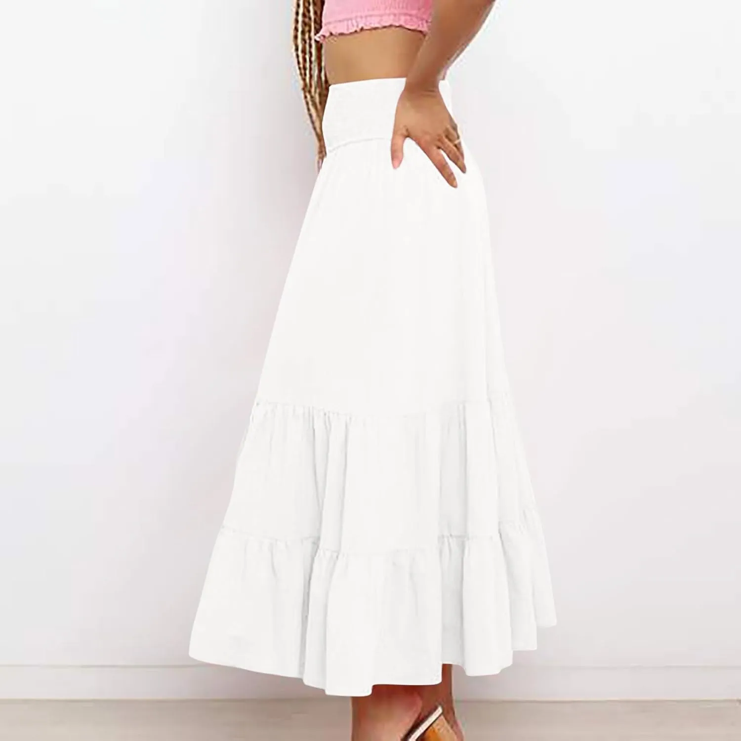 Women Summer Maxi Skirt Elastic High Waist Pleated Boho Ruffle Tiered Skirts 2025 Trendy Casual Flowy A-Line Skirt