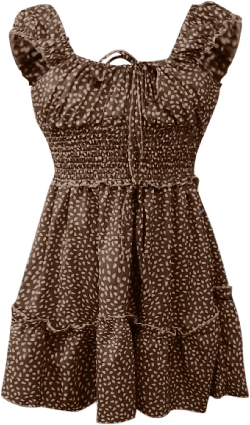 Women Summer Ruffle Sleeve Mini Dress Sweetheart Neckline Printing Dress Sexy Tiered Ruffled Hem Vacation Dresses
