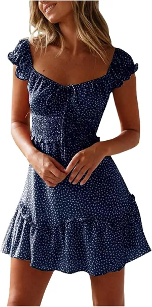 Women Summer Ruffle Sleeve Mini Dress Sweetheart Neckline Printing Dress Sexy Tiered Ruffled Hem Vacation Dresses