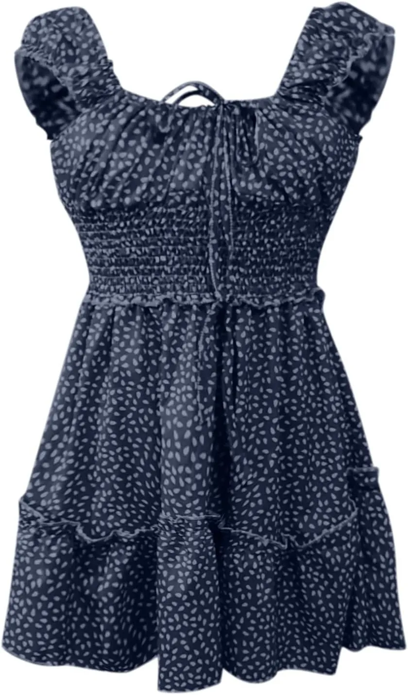 Women Summer Ruffle Sleeve Mini Dress Sweetheart Neckline Printing Dress Sexy Tiered Ruffled Hem Vacation Dresses