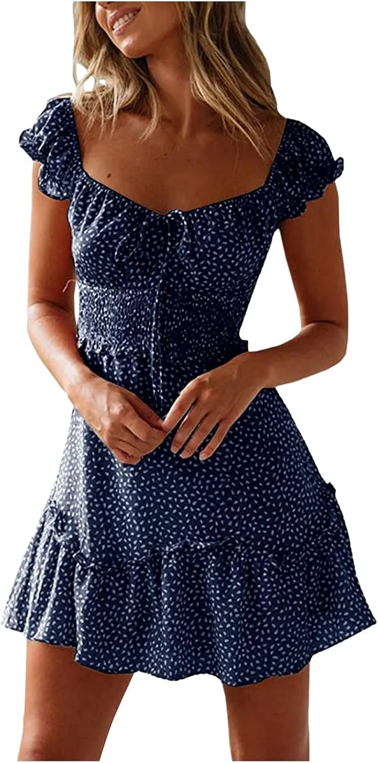 Women Summer Ruffle Sleeve Mini Dress Sweetheart Neckline Printing Dress Sexy Tiered Ruffled Hem Vacation Dresses